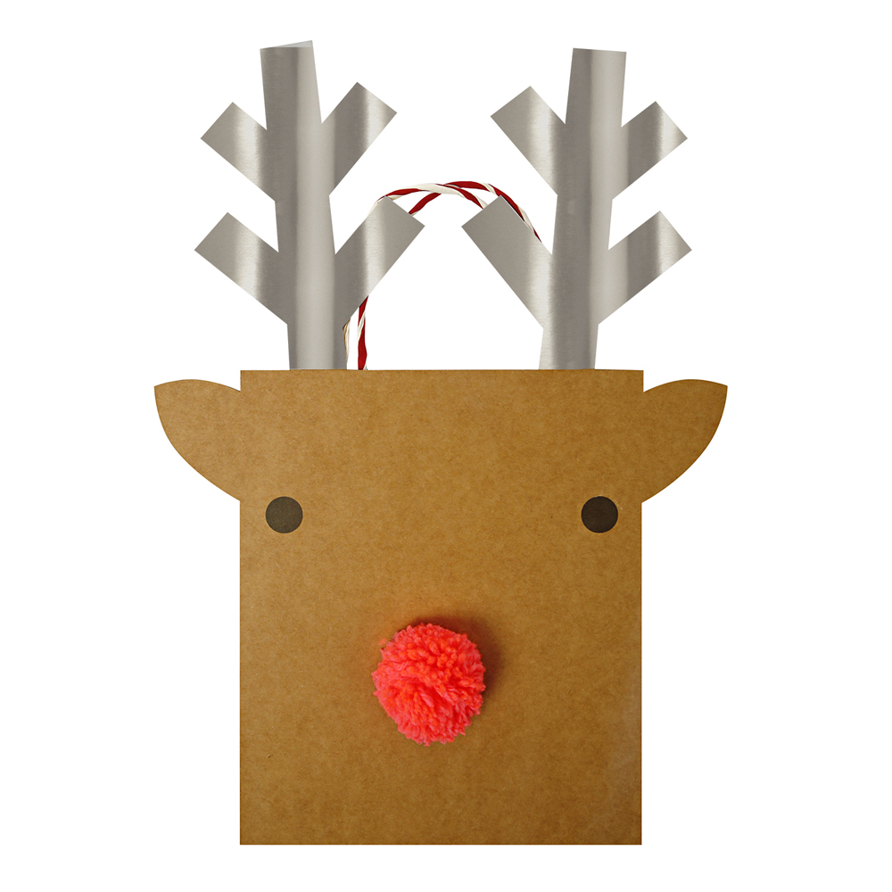 44-0148 Geschenktüte, Rentier-Design, braun, rote Bommel als Nase, silberne Geweihe, rot-weiß gestreifte Tragegriffe.