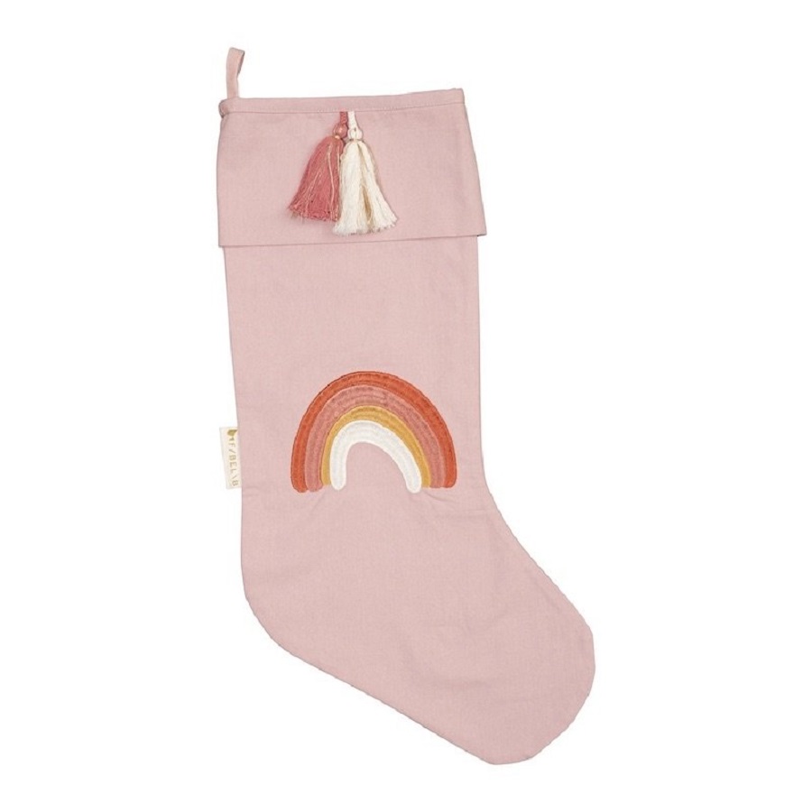 FBL20Stocking202D20Rainbow202D20Embroidered20 Weihnachtssocke, rosa, Regenbogenaufdruck, Quasten an der Oberseite, aus Stoff.