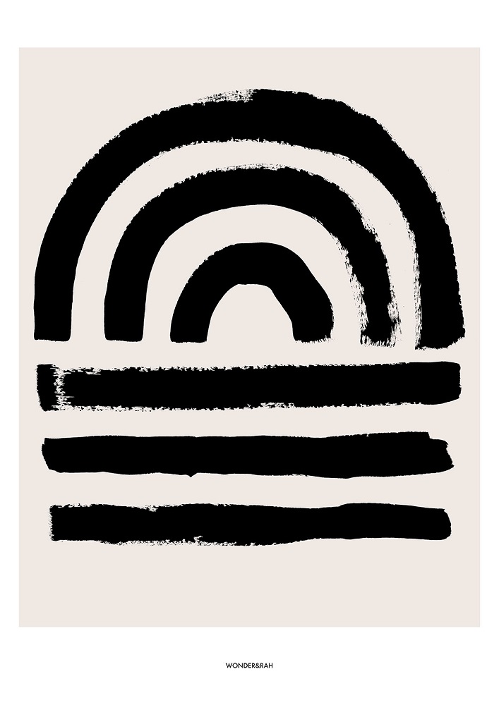 sunsetborderlowres Kunstdruck, abstraktes Design, schwarzer Regenbogen, Pinselstriche, weißer Hintergrund.