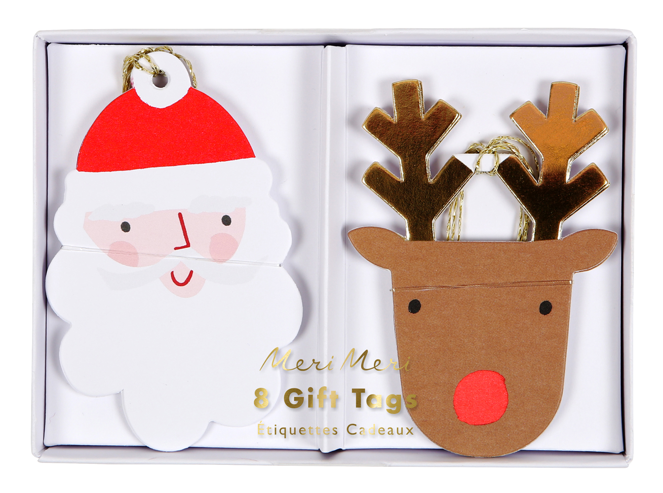 65-0190 Geschenk-Anhänger Set, 8 Stück, Motive: Weihnachtsmann mit rotem Hut, Rentier mit goldenen Hörnern, Farbe: Weiß, Braun, Rot, Hersteller: Meri Meri.