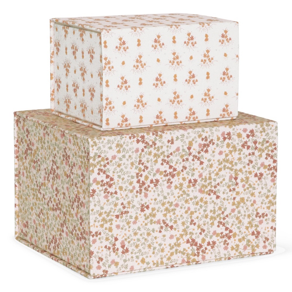 VINTAGE-FLORAL-BLUSH-Extra-0 Zwei rechteckige Boxen, Blumenmuster, Farben: Weiß, Orange, Grün, Rot, Rosa.