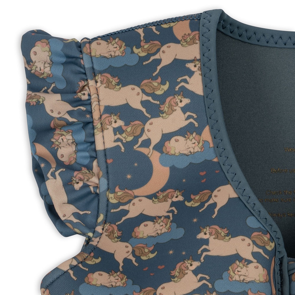 KS4445-NEOPRENE-FLOAT-VEST-FRILL-UNICORN-BLUE-Extra-4 Kinder-Badeanzug, dunkelblau, Einhornmotiv, Wolken, Rüschenverzierung