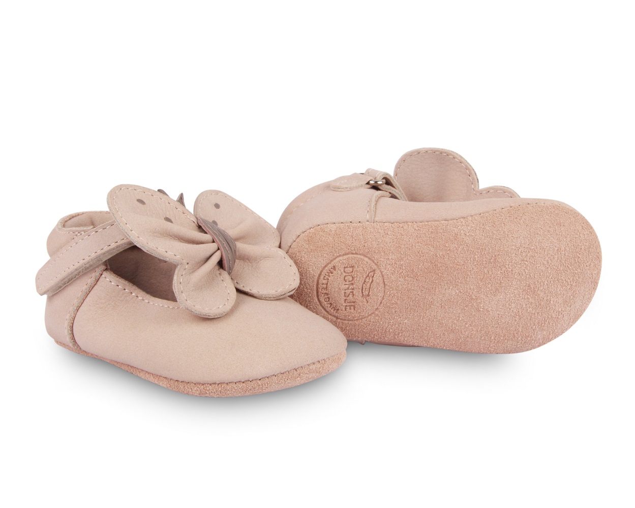 1011000_NL128_5 Babyschuhe, beige, weiches Leder, Schmetterlingsdetail, elastischer Verschluss, rutschfeste Sohle.