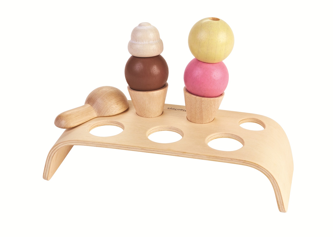 4003486c Holzspielzeug, Eis-Set; zwei Eiswaffeln; Kugeln in Braun, Weiß, Gelb, Rosa; Eiskelle; Ständer mit Löchern; naturbelassenes Holz.