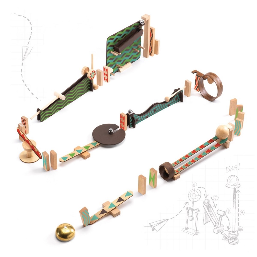 DJ05644-Zig-Go-5644-48-Teile-1 Holzspielzeug-Kugelbahn, grüne und rote Muster, geometrische Formen, diverse Hebel und Schienen, Metallkugel, Holzbauteile, kreative Baukonstruktion.