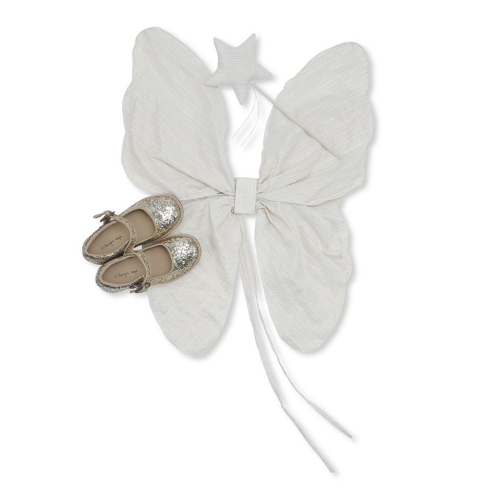 KS1933-MULTI-Extra-1 Kinderkostüm-Set, weiße Feenflügel, passendes Stirnband mit Stern, silberne glitzernde Ballerinas.