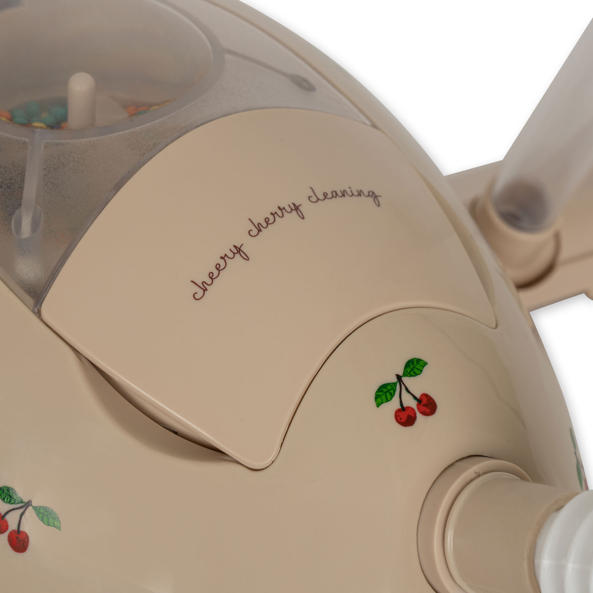 Staubsauger, cremefarben, Aufdruck "cheery cherry cleaning", Kirschenmotiv.
