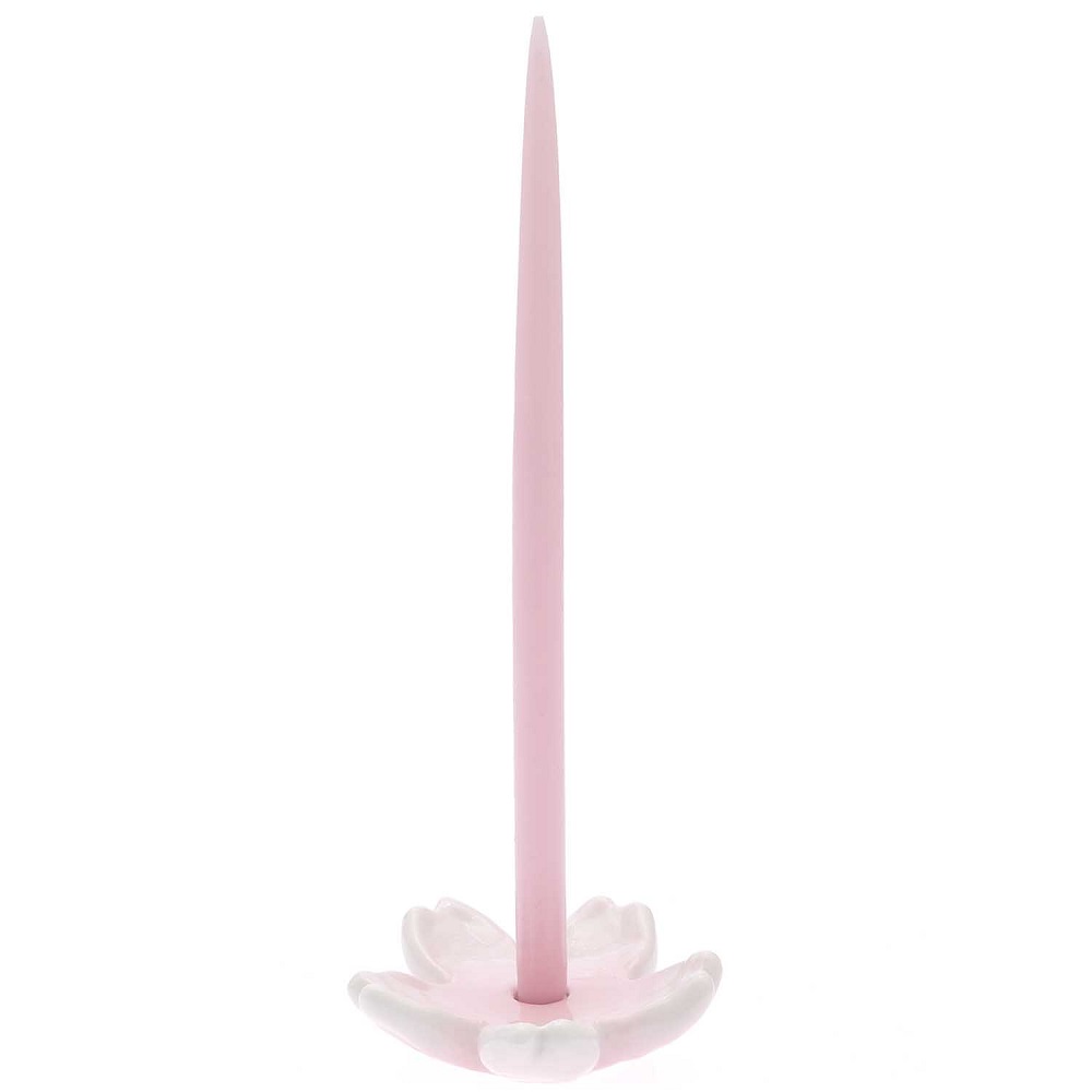 400180_4 Rosa Kerze, langer Kegel, Kerzenständer in Blütenform, weiß und rosa Farbtöne.