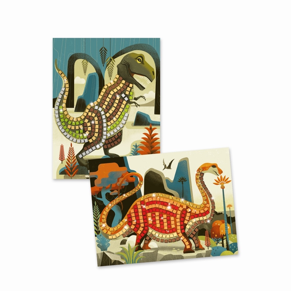 DJ08899-Mosaik-Dinosaurier-3 Dinosaurier-Mosaikbilder, bunte Dinosauriermotive, T-Rex in Grün und Gelb, Apatosaurus in Orange und Rot, Landschaftshintergrund mit Pflanzen und Bergen.