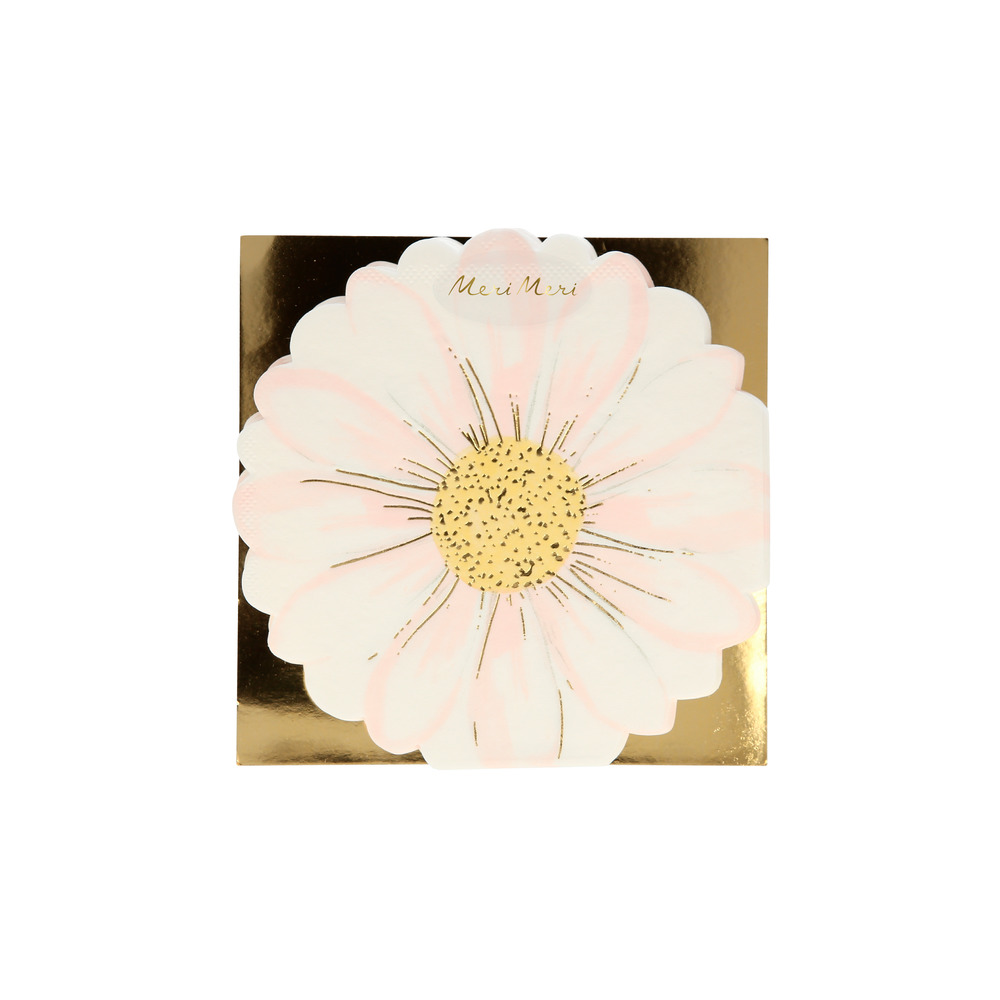 Servietten, Blumenform, pastellrosa und weiß, goldenes Detail, quadratische Verpackung, Aufdruck "Meri Meri".