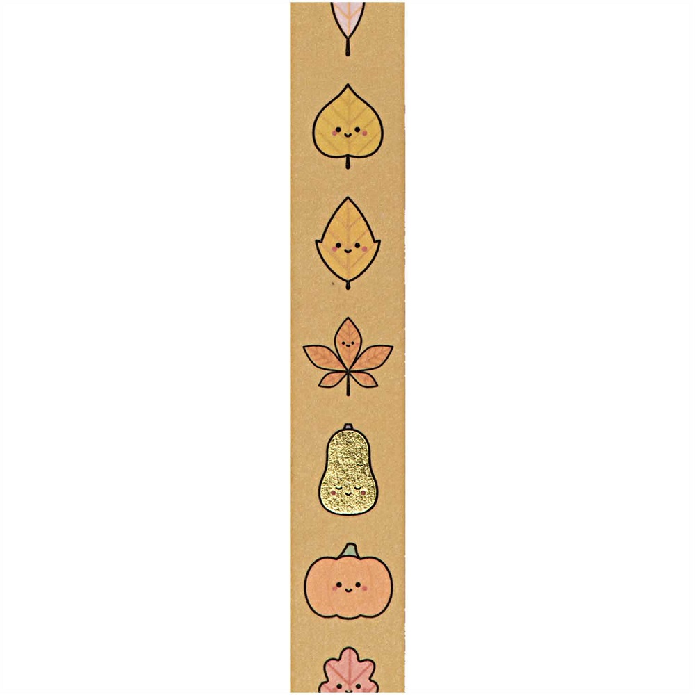 99001-53-05_3 Washi Tape, braun, Herbstmotive, Blätter, Birne, Kürbis, goldene Akzente, niedliche Gesichtszüge.