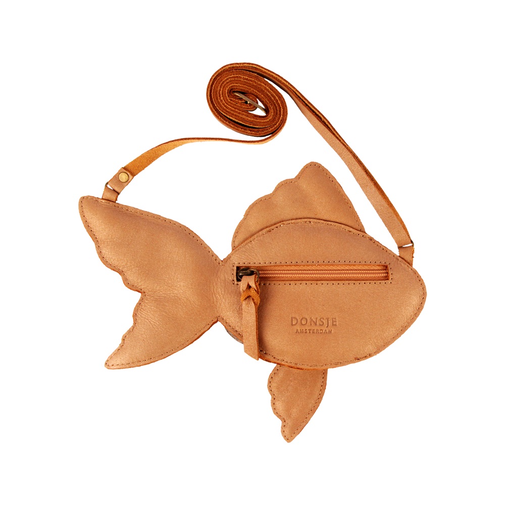 Thysa-purse-Romantic-fish-Back Umhängetasche Fischform, braunes Leder, Reißverschluss vorne, verstellbarer Riemen.