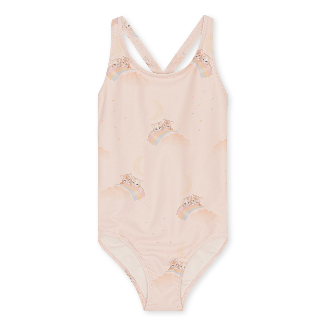 KS3029-MOULE-BASIC-SWIMSUIT-RAINBOW-KITTY-Extra-0 Mädchen-Badeanzug, rosa, Trägerkreuz, Aufdruck mit Kätzchen, Regenbogen, Wolken, Mondsichel, kleine Herzen.