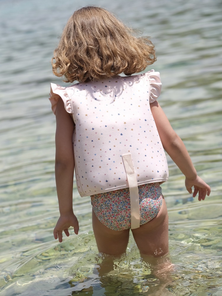 KS4445-NEOPRENE-FLOAT-VEST-FRILL-STAR-MULTI-Extra-5 Kinderschwimmweste, rosa, kleine Sterne, Rüschenärmel, floral gemusterte Badehose.