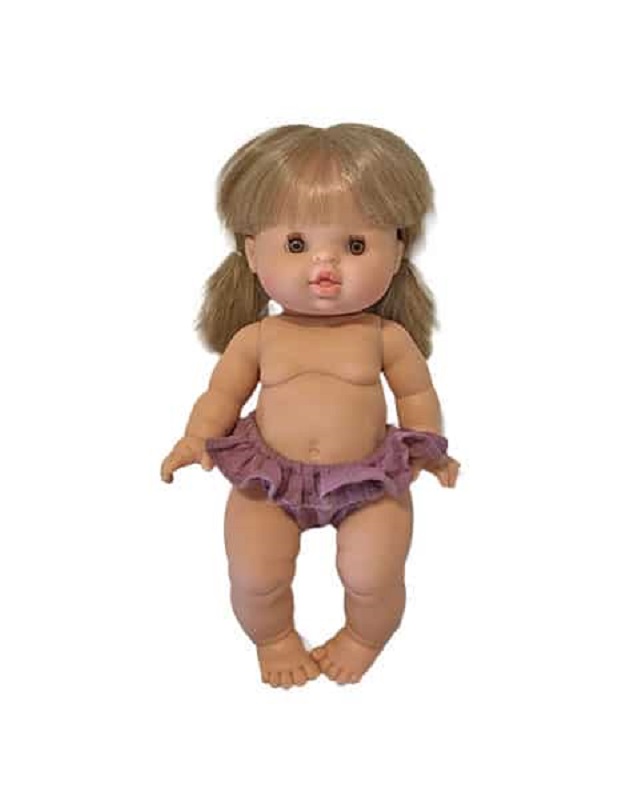 poupons-bikini Puppe mit blonden Zöpfen, lilafarbener Rüschenhose.