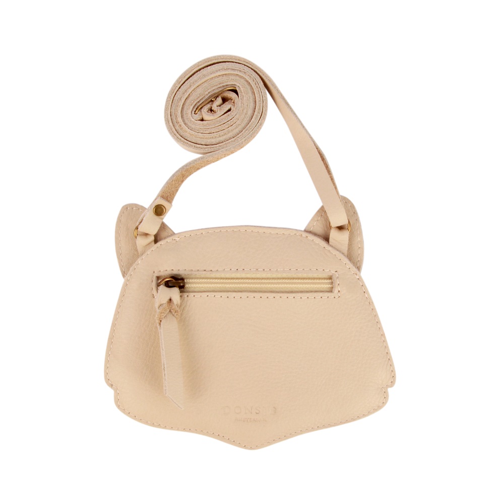 5002003_CH157_4 Beige Ledertasche, Katzengesicht-Design, Reißverschluss vorne, verstellbarer Schulterriemen.