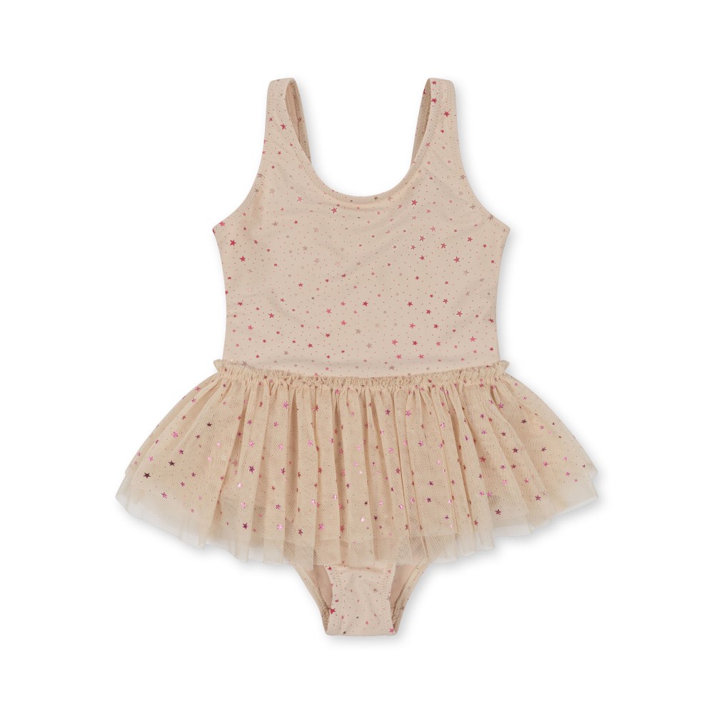 KS5330-STRUT-SWIMSUIT-ETOILE-PINK-SPARKLE-Extra-0 Beiger Kinder-Badeanzug mit Tüllrock, pinke Sternchenmuster.