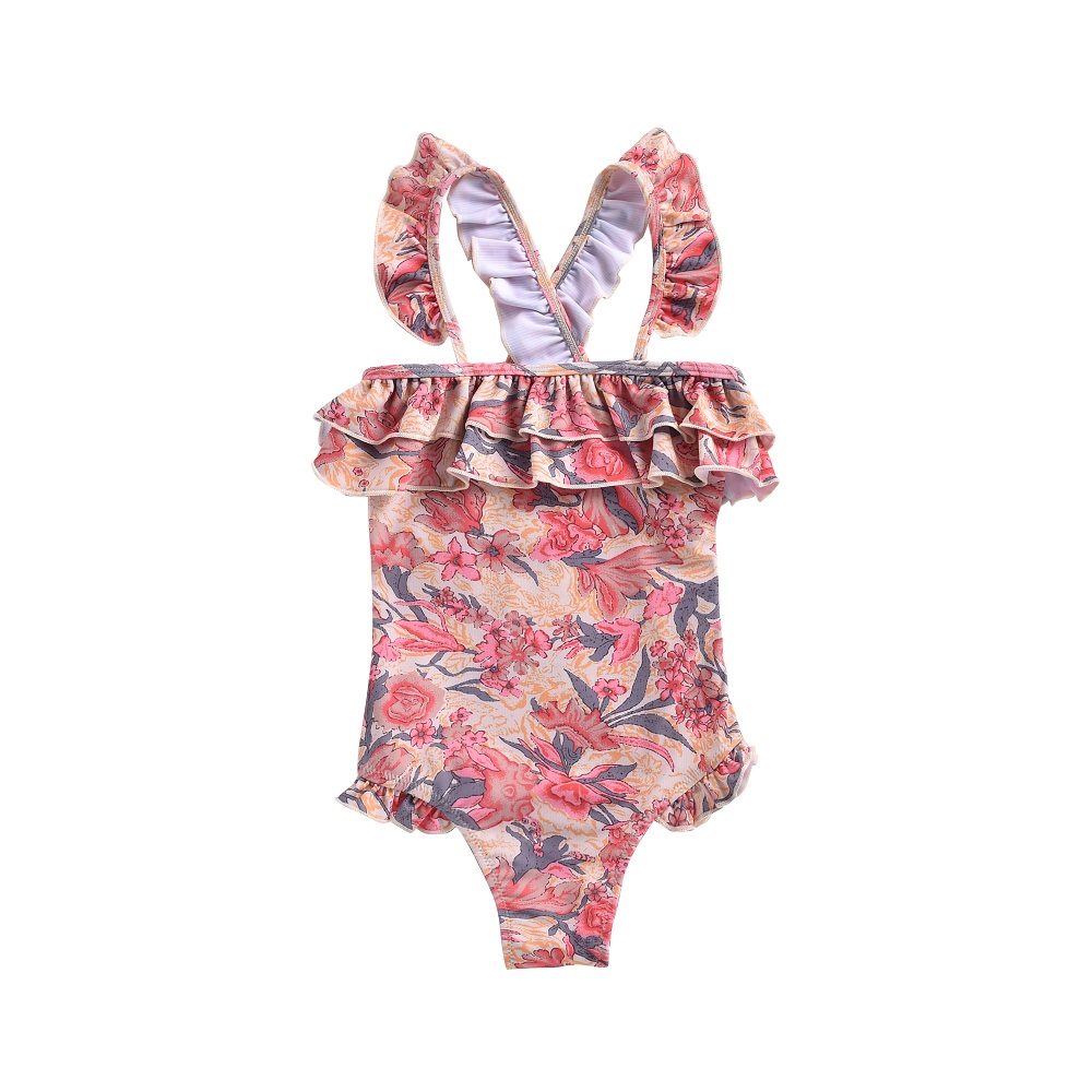 girls-bathing-suit-zacatecas-pink-flowers-1 Badeanzug, Mädchen, Rosa- und Beigetöne, Blumenmuster, Rüschen, gekreuzte Träger hinten.