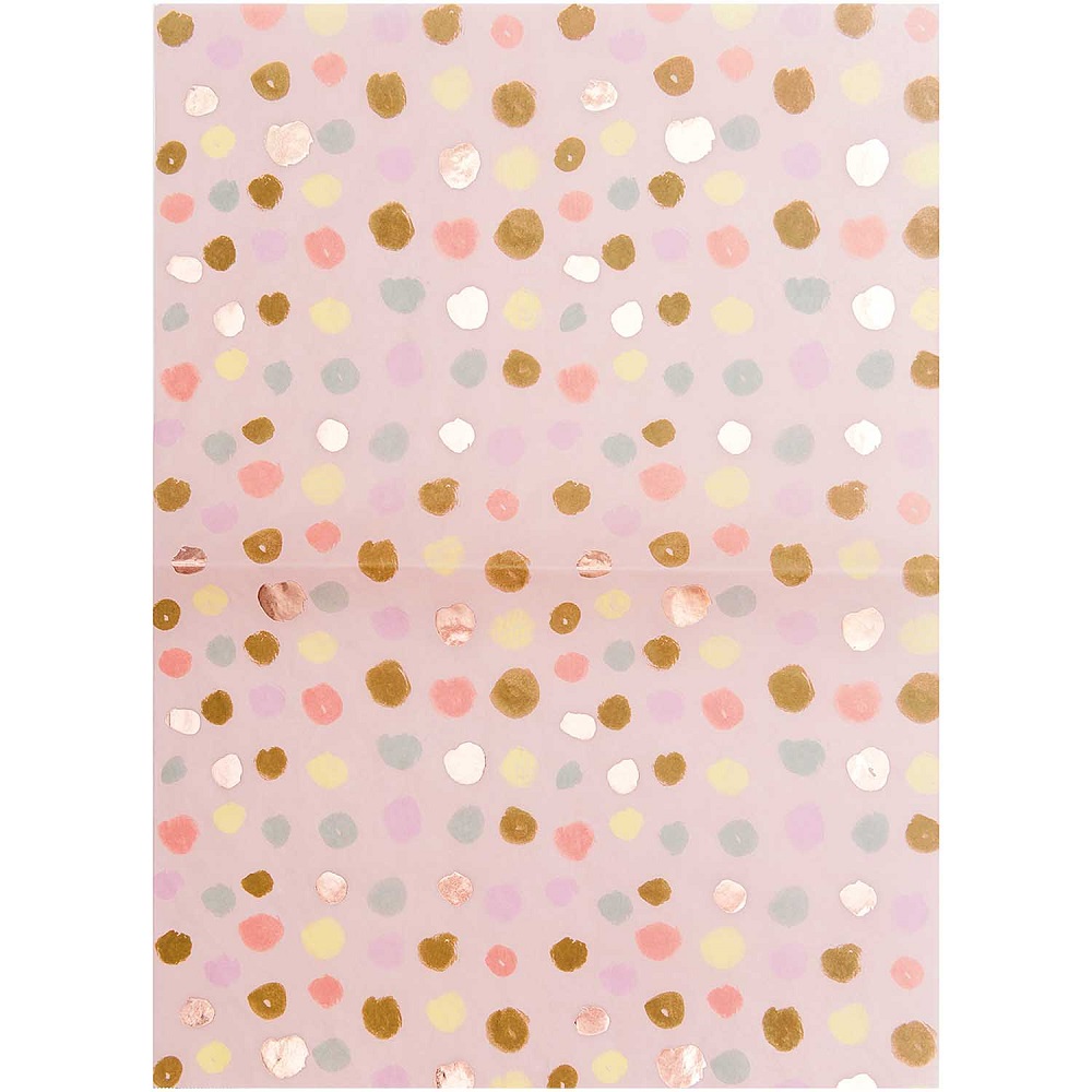 7009-217_1 Geschenkpapier, rosa Hintergrund, bunte Punkte in Gold, Weiß, Rosa, Gelb, Lila, Apricot.