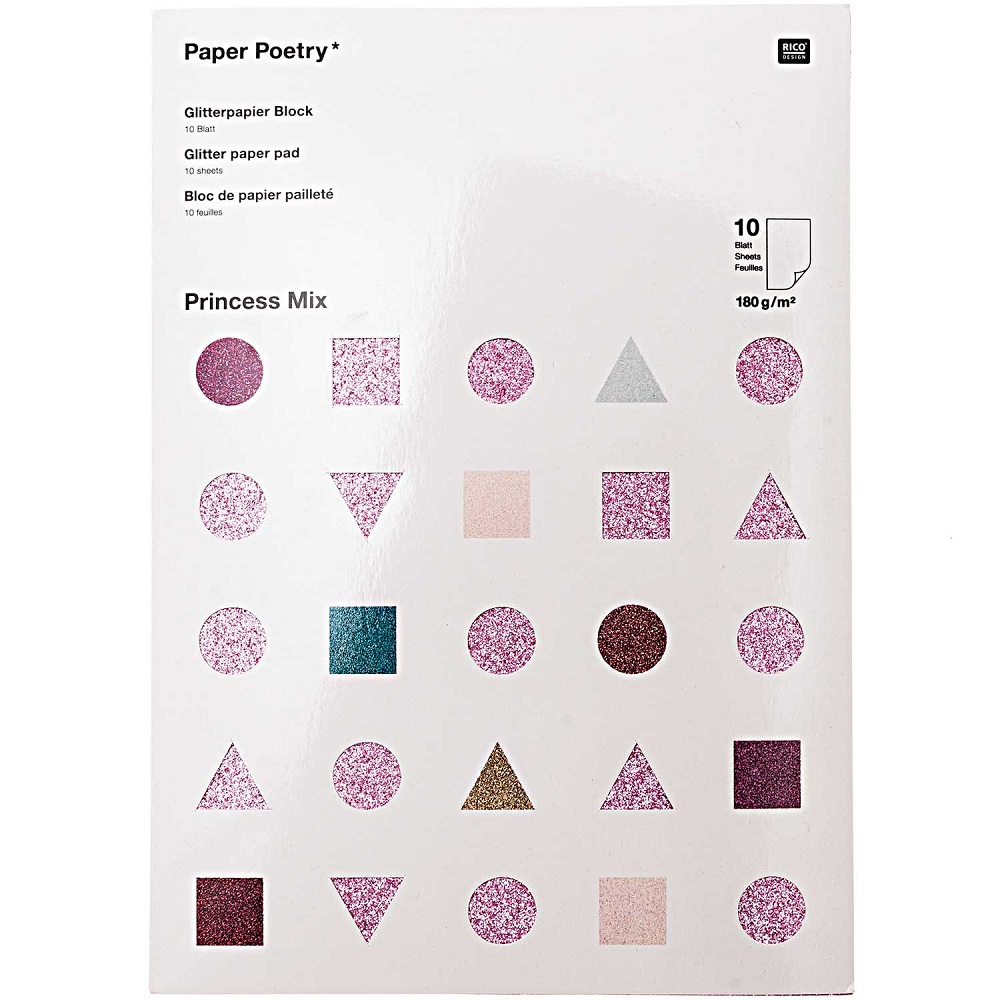 99001-50-63_1 Glitterpapier Block, 10 Blatt, 180 g/m², Farbmix: Rosa, Lila, Blau, Formen: Kreis, Quadrat, Dreieck, Rechteck, Aufdruck: Paper Poetry, Princess Mix.
