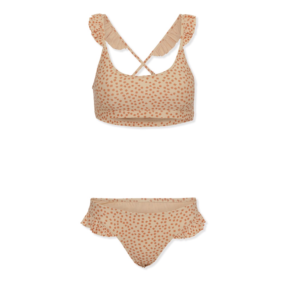 Bikini-Set; beige; rotes Punktmuster; Rüschen an Schultern und Taillenbund; überkreuzte Träger; bauchfreies Oberteil; Slip mit Rüschen.