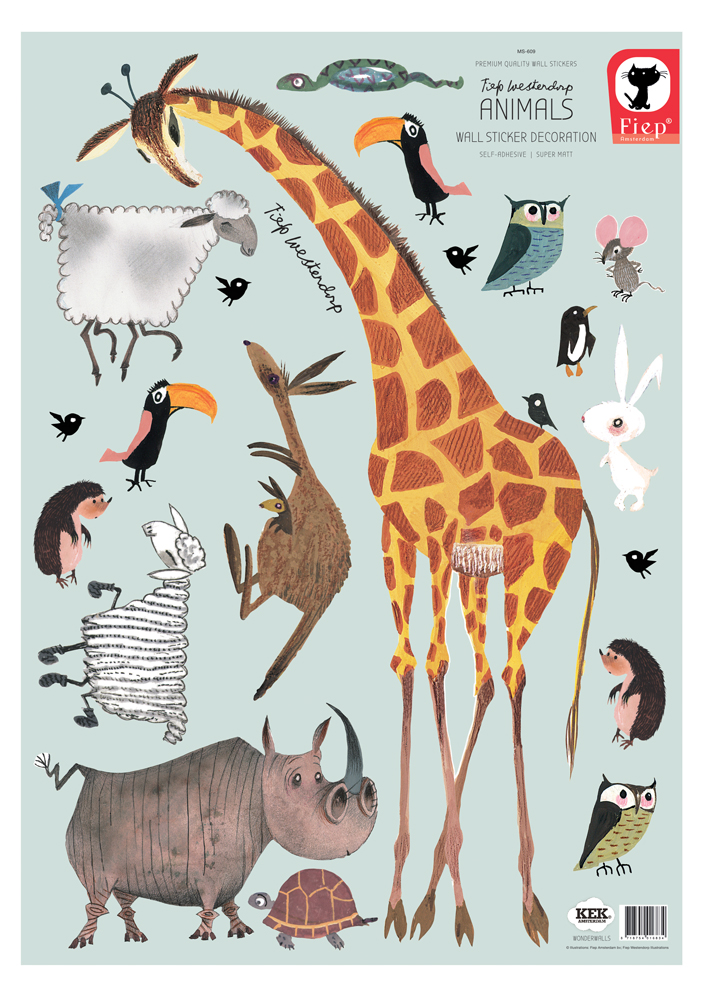 MS-609_white Wandsticker-Set Tiere, hellblauer Hintergrund, Giraffe, Nashorn, Eule, Kaninchen, Schildkröte, Vögel, Igel, Maus, Schaf; bunter, illustrativer Stil.