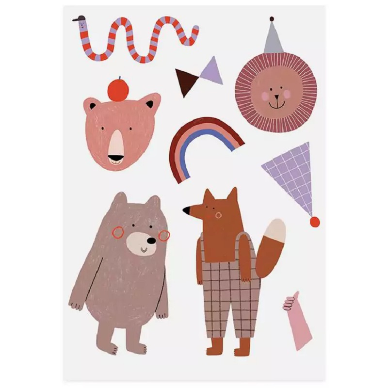 Buegelbild-01_Sheet_XS Postkarte, bunte Illustrationen; Tiere: Bär, Fuchs, Löwe; Muster: geometrische Formen, Regenbogen; Farben: Rot, Braun, Lila, Blau; verspielt, kindgerecht.