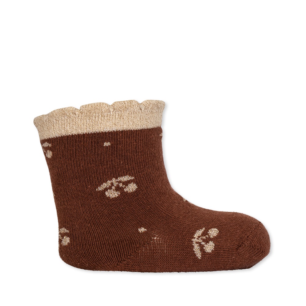 KS3759-2-PACK-LUREX-SOCKS-MON-CHERI-SHIFTING-SAND-Extra-2 Babysocke, braun, beigefarbener Rand, Kirschmuster.