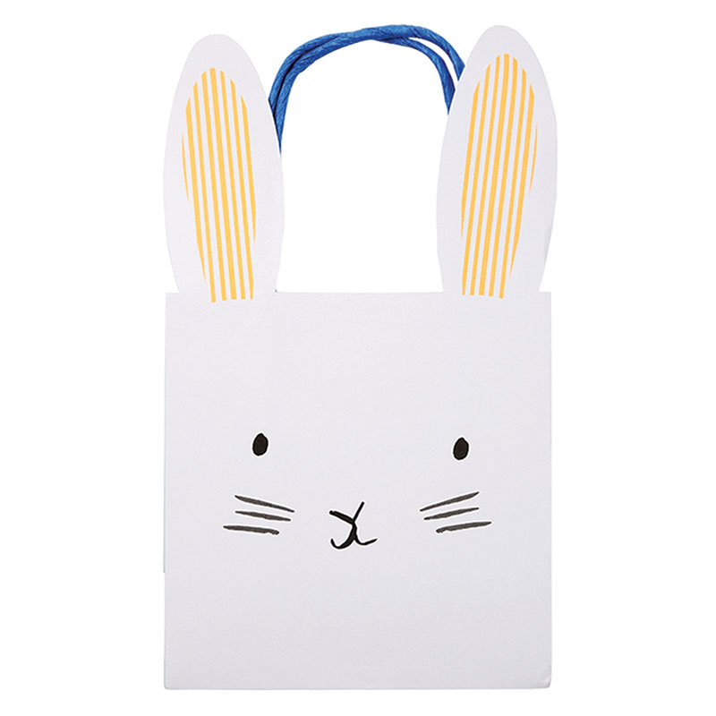 453107 Geschenktüte, weiß, Hasengesicht, blaue Trageschlaufen, gelb gestreifte Ohren.