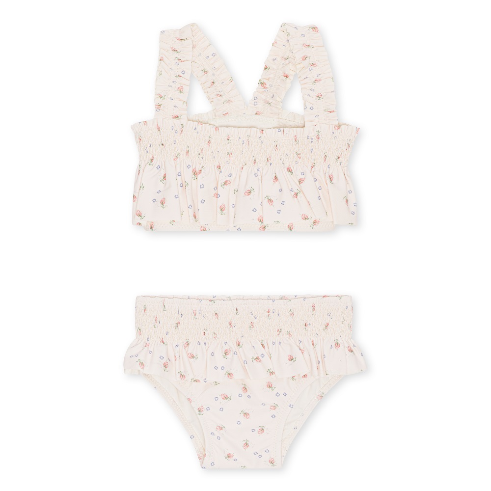 KS3201-BAIE-BIKINI-BRISE-D-ETE-Extra-0 Kinderbikini, cremefarben, Blumenmuster, Rüschen, Trägeroberteil mit breiten Trägern, elastischer Bund bei Top und Slip.