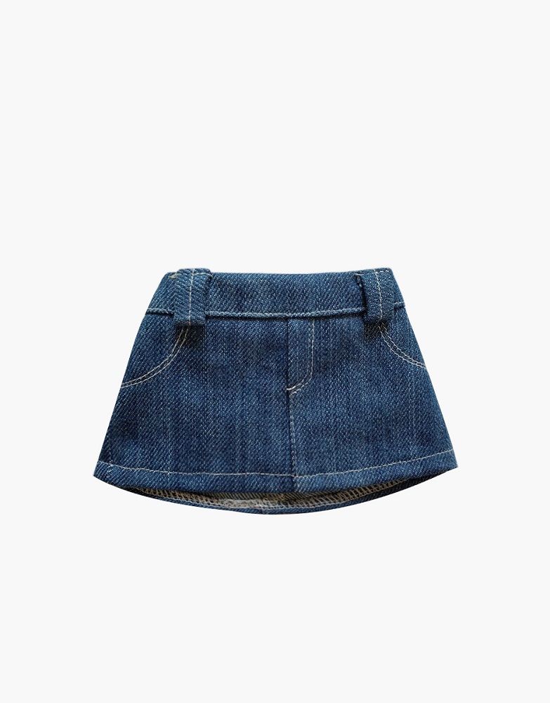 Collection-Minikane-accessoires-et-dressing-poupee-gordis-34cm-37cm-jupe-en-jean-bleu-fonce Jeansrock, blau, mit Gürtelschlaufen und hellen Nähten.