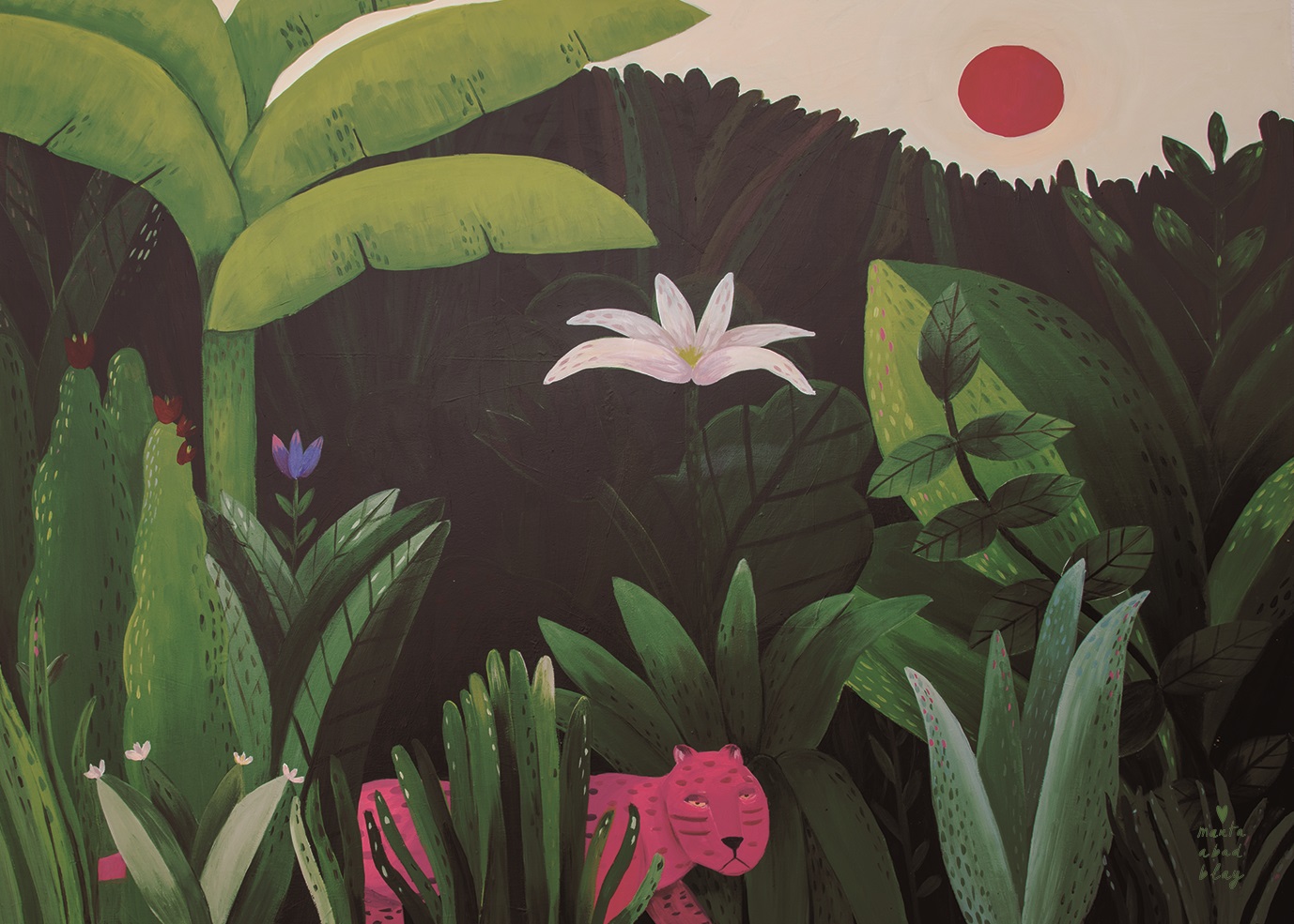summer_jungle2 Illustration; Dschungelmotiv; grüne Pflanzen; rosa Leopard; weiße Blume; roter Kreis im Himmel.