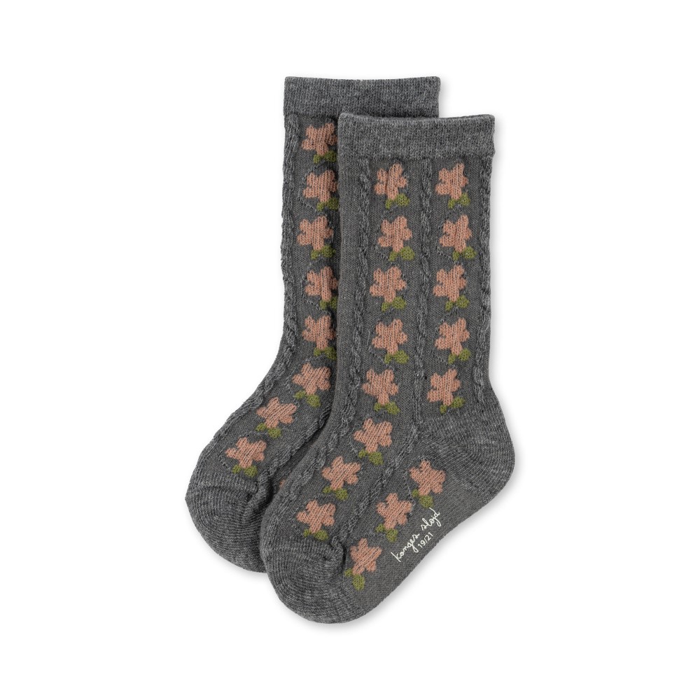 KS5075-2-PACK-POINTELLE-SOCKS-FLOWER-Extra-2 Graue Socken, Blumenmuster in Rosa und Grün, Schriftzug unten.