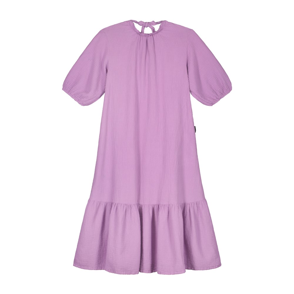 foto-1-1 Langes Kleid, lavendel, kurze Puffärmel, Rundhalsausschnitt, Schleifenverschluss hinten, Stufenrock.