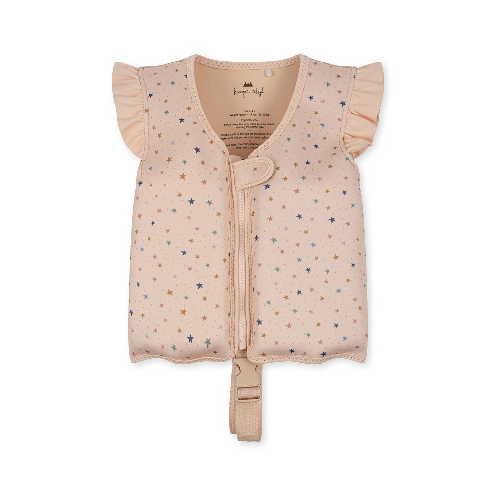 KS4445-NEOPRENE-FLOAT-VEST-FRILL-STAR-MULTI-Extra-0 Kinder-Schwimmweste, beige, Sternenmuster, Rüschen an den Schultern, Frontreißverschluss, verstellbarer Bauchgurt.