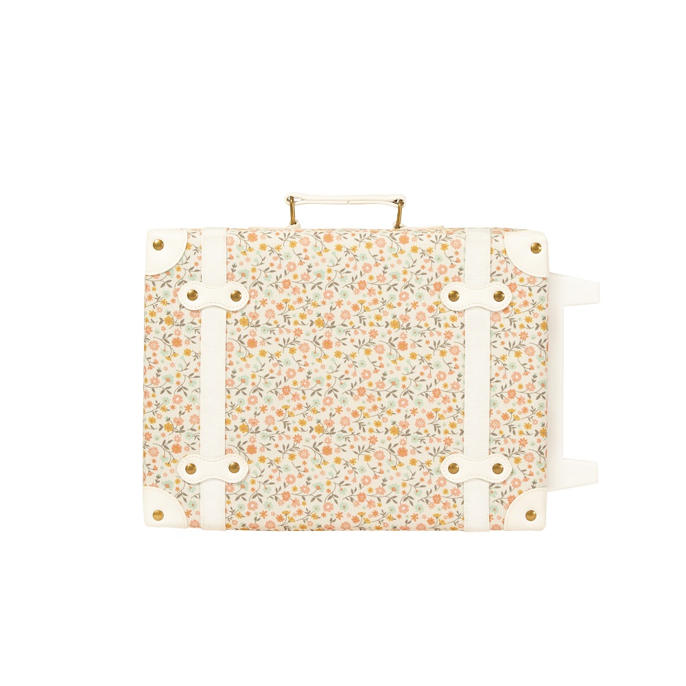 See-Ya-Prairie-Floral-02 Koffer, Blumenmuster, cremefarben, goldene Details, weißer Griff, Retro-Stil.