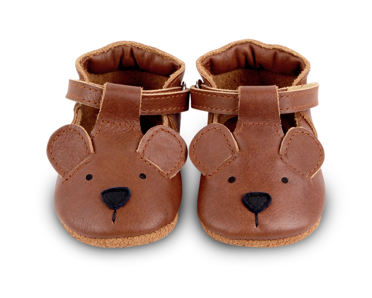 1002008_PU003_3 Babyschuhe, braun, Bärengesicht-Aufdruck, Klettverschluss, weiches Material, runde Zehenkappe.