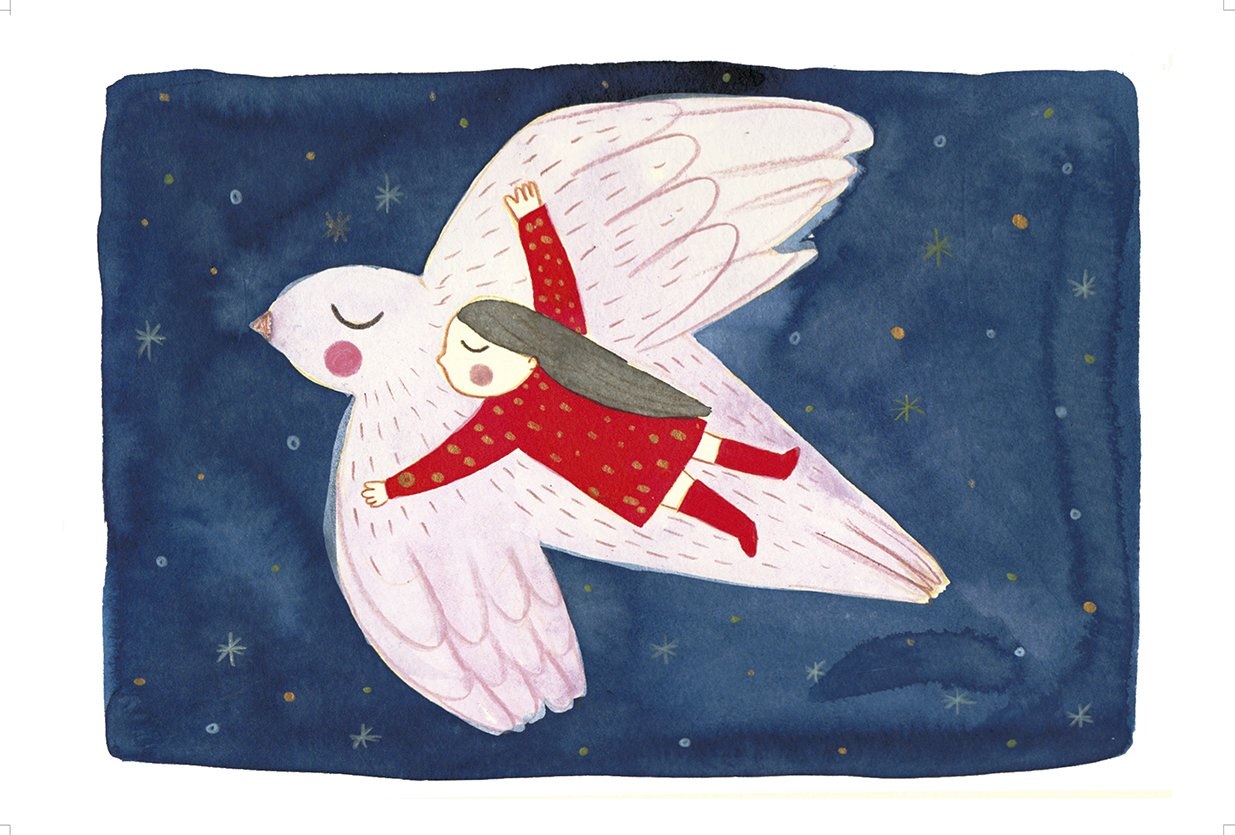 02_BIRD Illustration, Mädchen in rotem Kleid, reitet auf großem weißen Vogel, blauer Hintergrund mit Sternen.