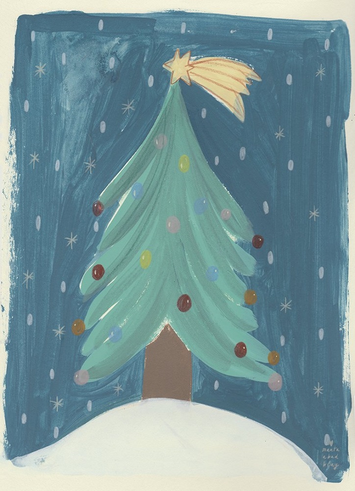 tree Weihnachtskarte, handgemalt, Tannenbaum grün, bunte Kugeln, Sternschnuppe oben, Hintergrund dunkelblau mit Schneeflocken.