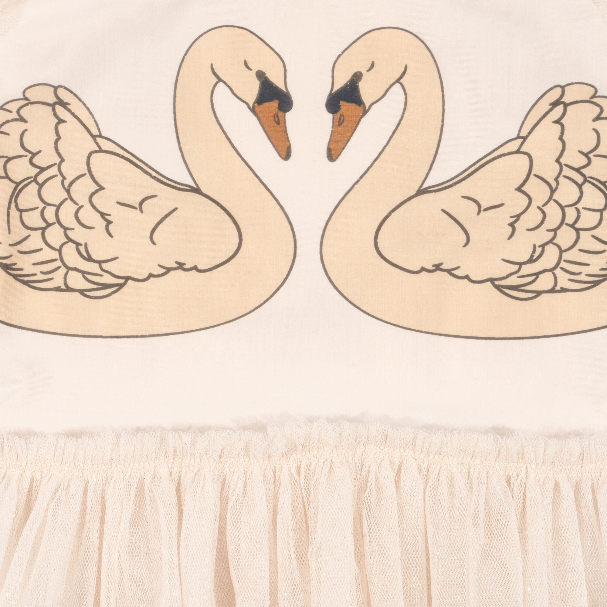 Kinderkleid, beige, Schwanen-Motiv, Tüllrock, Oberteil mit zwei gegenüberliegenden Schwänen.