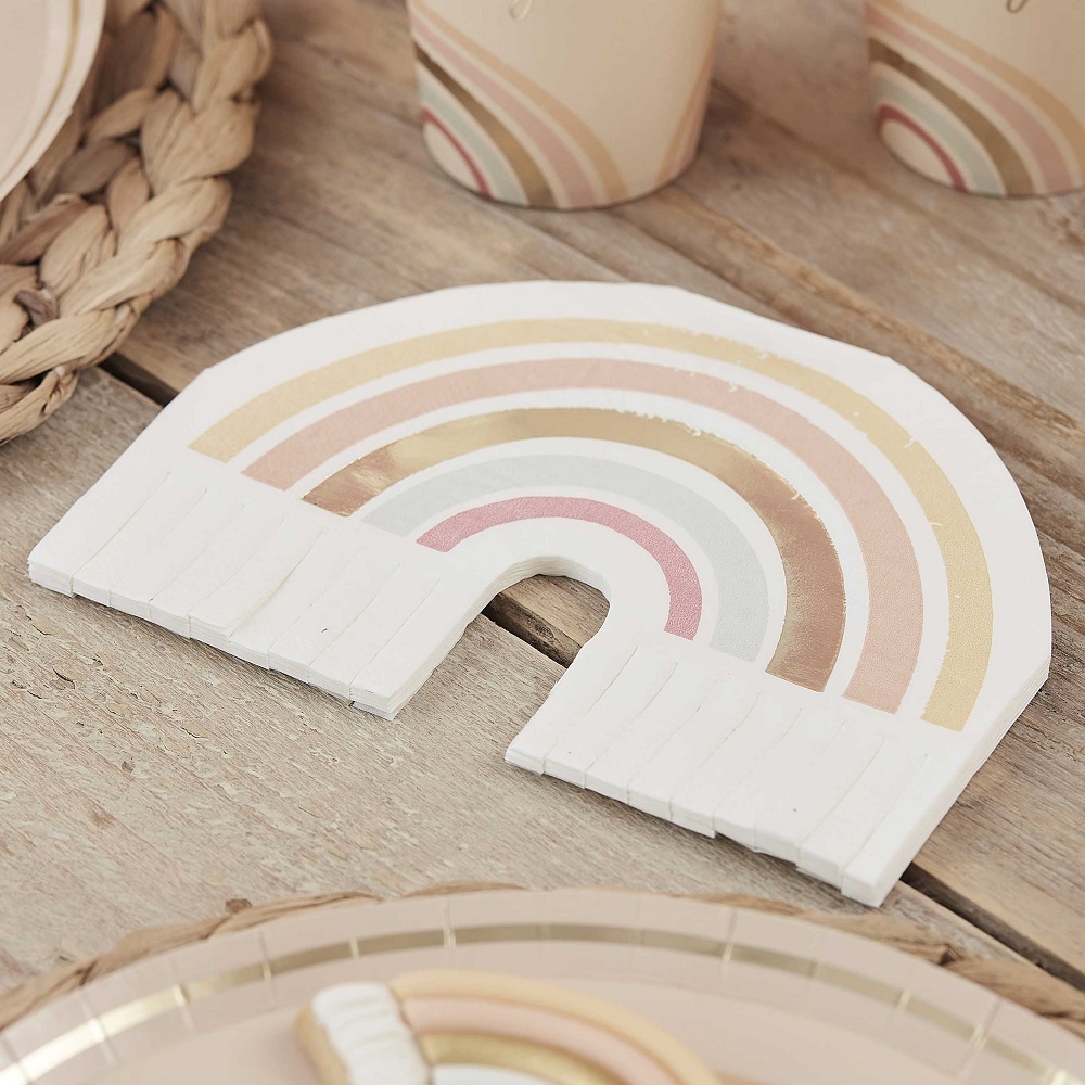 Papier-Servietten, Regenbogenform, Pastellfarben, Streifenmuster, Holzuntergrund.