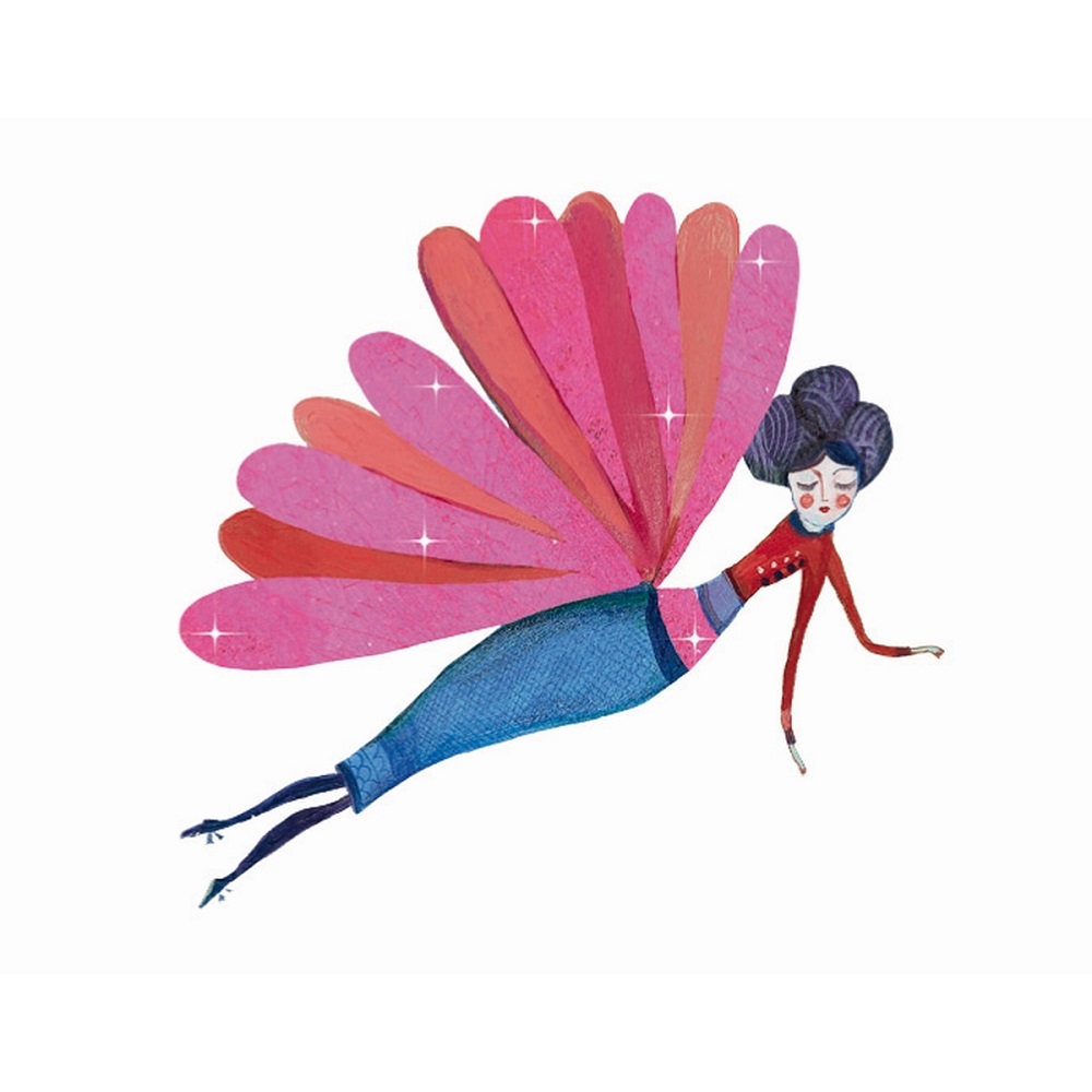 DJ09514-Metallbild-Gluehwuermchen-4 Illustration, Fantasiefigur, bunte Flügel, Kleidung in Blau und Rot, Haare in Dunkelblau, Flügel in verschiedenen Rosa- und Rottönen, schwebend, märchenhaft.