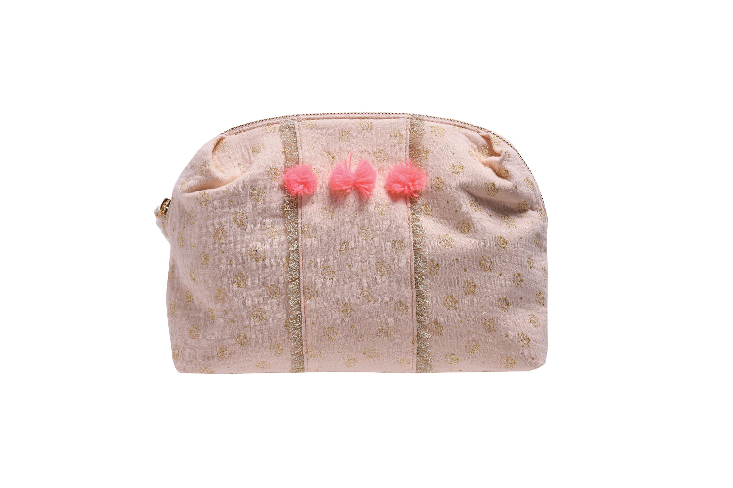 kidspocketmiablushglitter1 Kosmetiktasche, rosa, goldene Punkte, drei pinke Pompons, Reißverschluss.