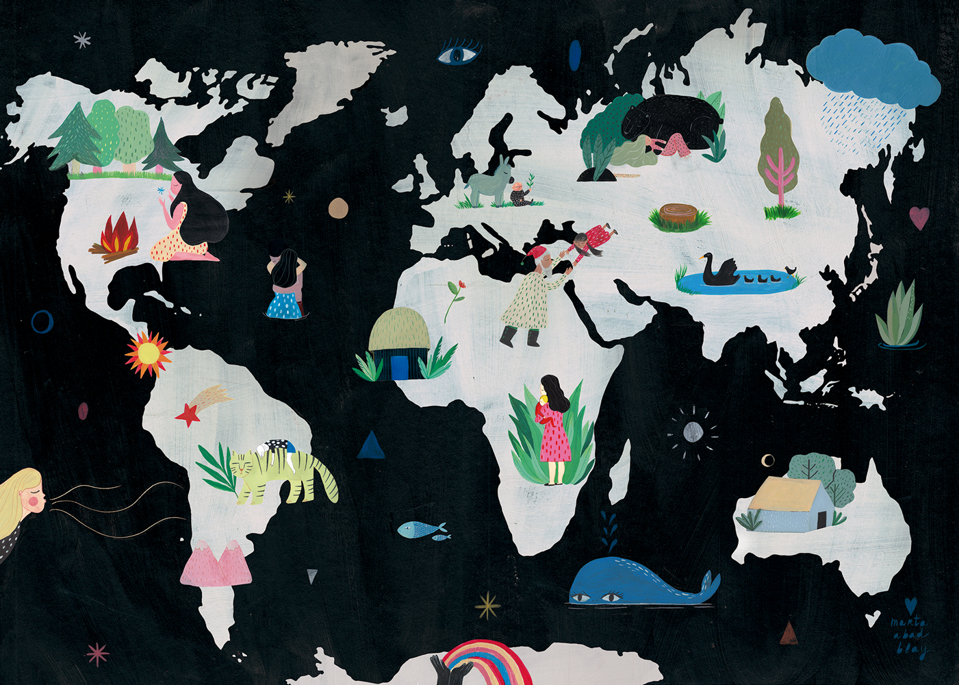 we_are_all_4 Weltkarte Illustration, bunte Figuren und Tiere, stilisierte Kontinente, schwarze Hintergrundfarbe, dekorative Pflanzen und Symbole, diverse Farben und Muster, verspieltes Design.