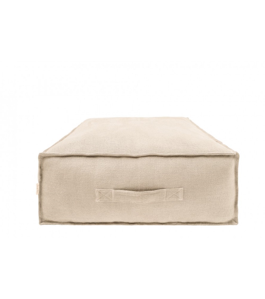 lniany-puf-podlogowy-naturalny-bez Hundebett rechteckig, beige, Leinenoptik, Griff an der Vorderseite.