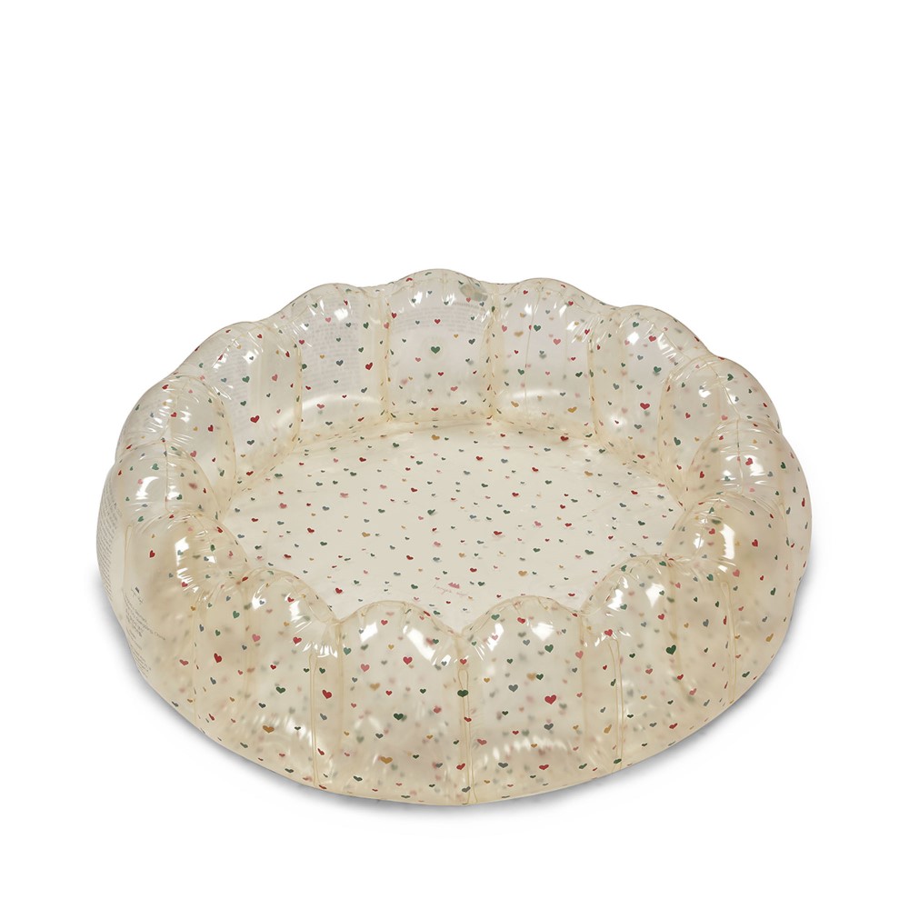 KS4865-LARGE-SHELL-POOL-TRANSPARENT-MULTI-HEARTS-Extra-0 Aufblasbares Kinderplanschbecken, transparent mit bunten Herzchen-Aufdruck, runde Form, gewellte Ränder.