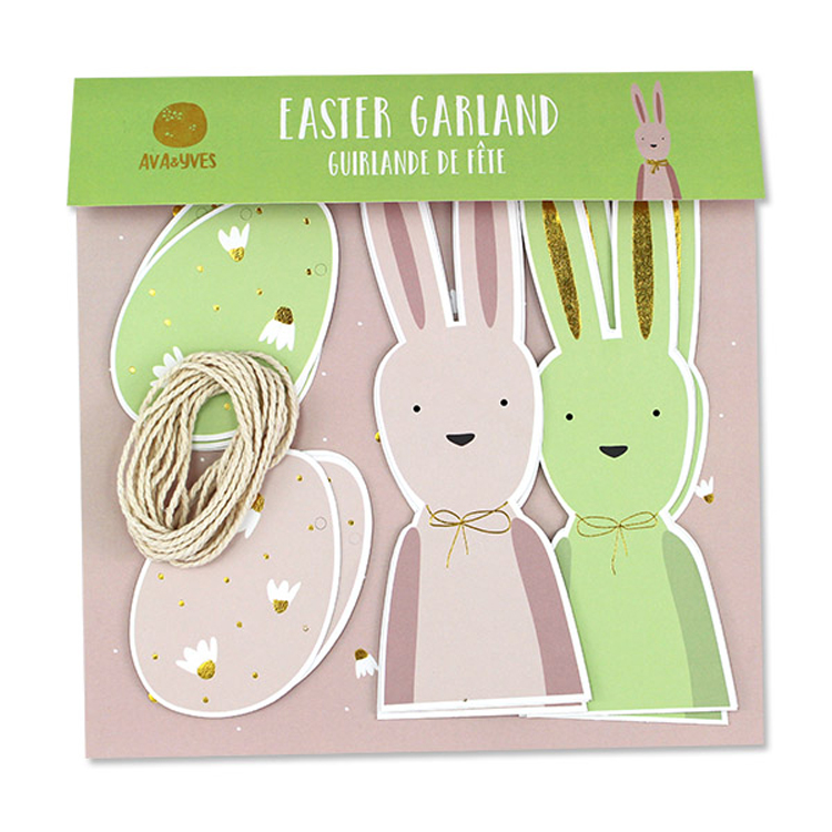 5475_Girlande_Ostern1_600x600 Oster-Girlande, Karton, rosa und grüne Hasen, grüne Ostereier mit Blumenmuster, Juteschnur.