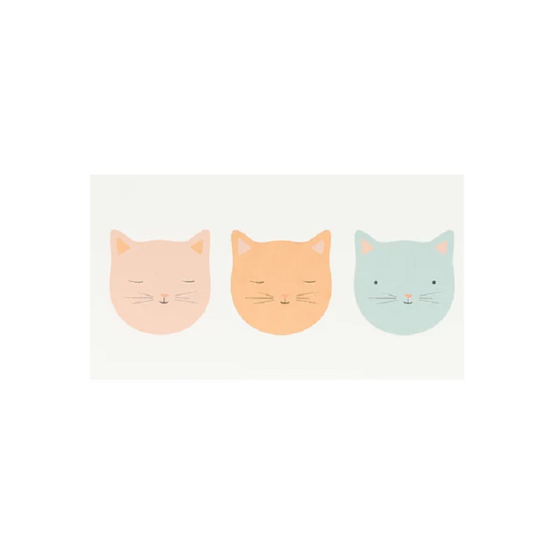 Dreier-Set Katzen-Untersetzer, Farben: rosa, orange, blau, Katzenkopf-Motiv mit geschlossenen Augen, minimalistisches Design.