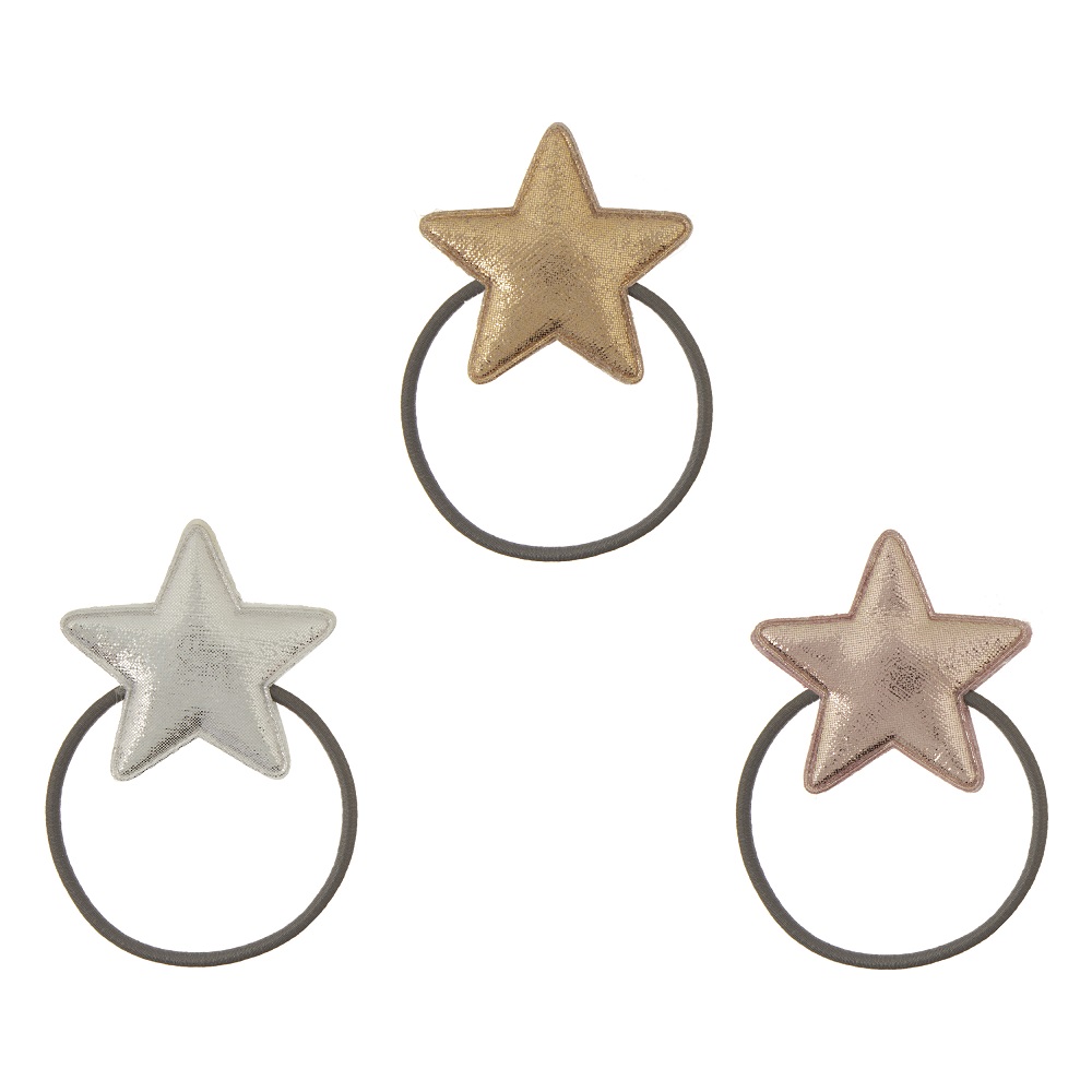 SUPER_STAR_PONIES Haarbänder mit Stern-Applikationen; Farben: Gold, Silber, Rosé; runde Elastikbänder; dreiteiliges Set.