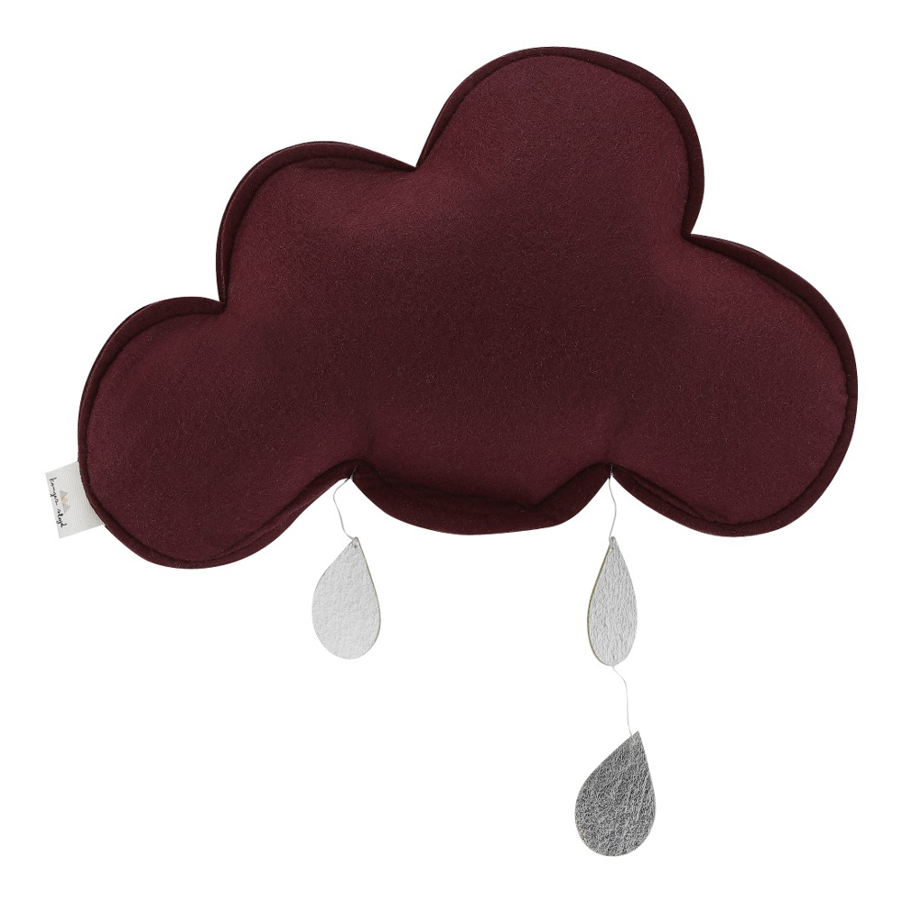 SingleCloud_Maroon Wolkenförmiges Kissen, dunkelrot, mit silbernen Tropfen-Anhängern.